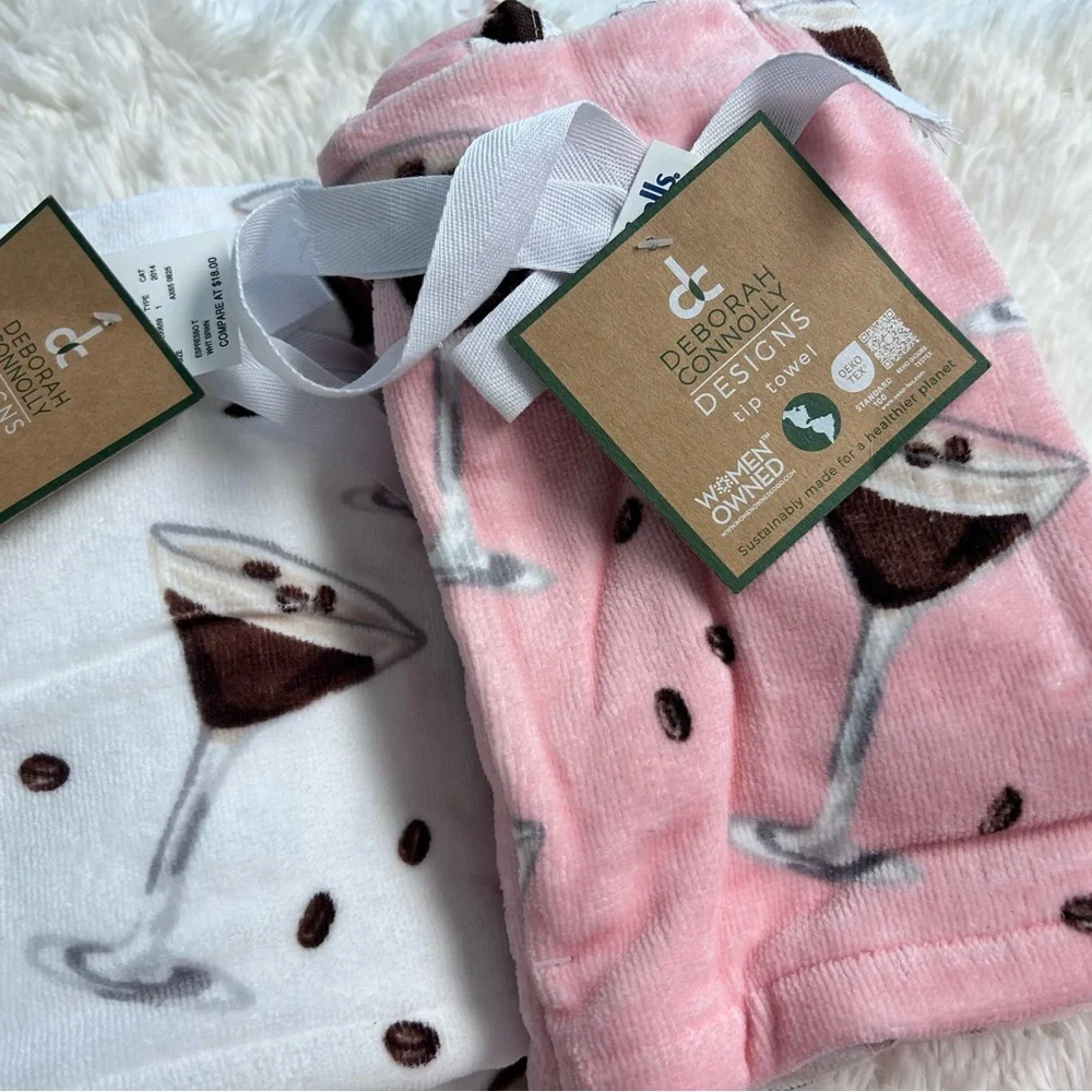 4pc Espresso Martini Glass Coffee Bean Cocktail Velour Bath Hand Tip Towel‎ Set